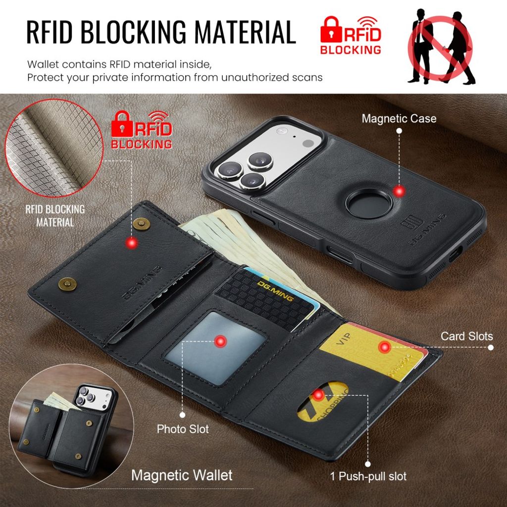 DG.MING iPhone 18 Pro/17 Pro Deksel med Magnetisk Lommebok - Svart