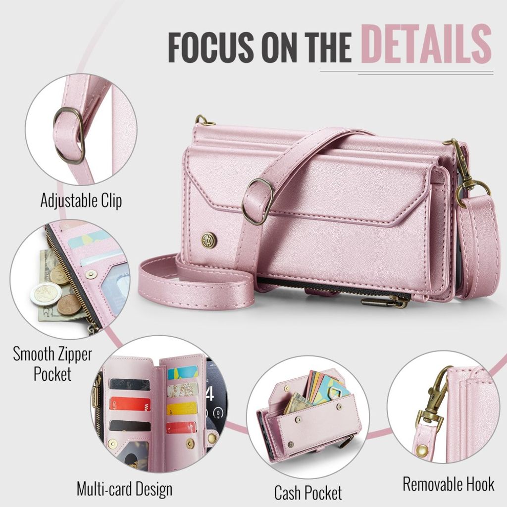 CASEME iPhone 16 Pro Lommeboketui Kortholder og Stativ med Reim – Rosa