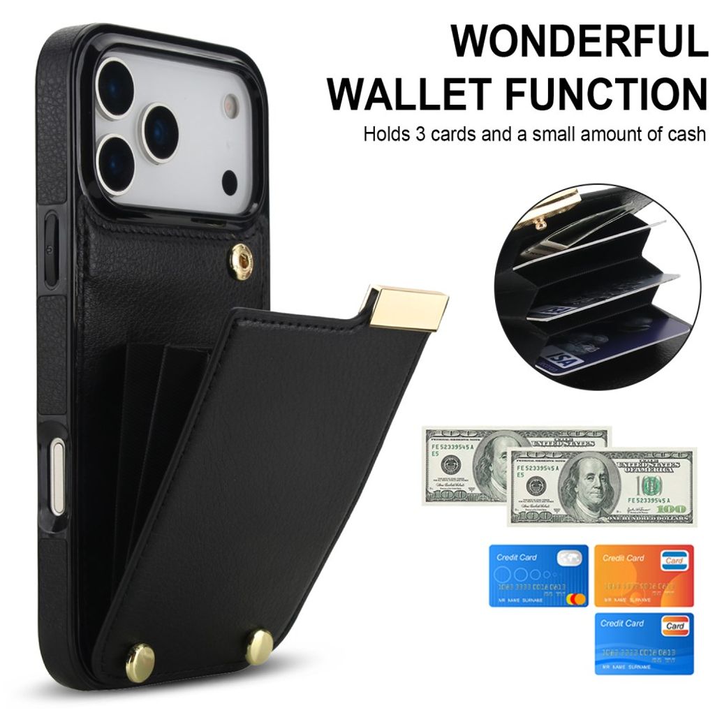 iPhone 18 Pro Max/17 Pro Max Cover TPU og PU læder Kortholder - Sort