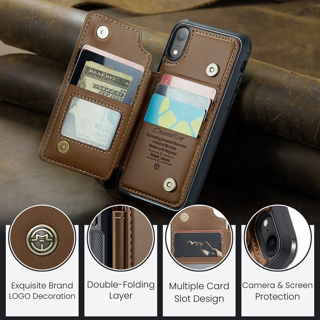 CASEME C22 Plånboksskal med RFID-blockerare för iPhone XR – Brun
