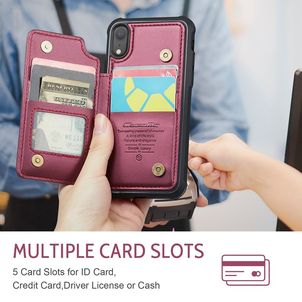 CASEME C22 Plånboksskal med RFID-blockerande för iPhone XR – Röd