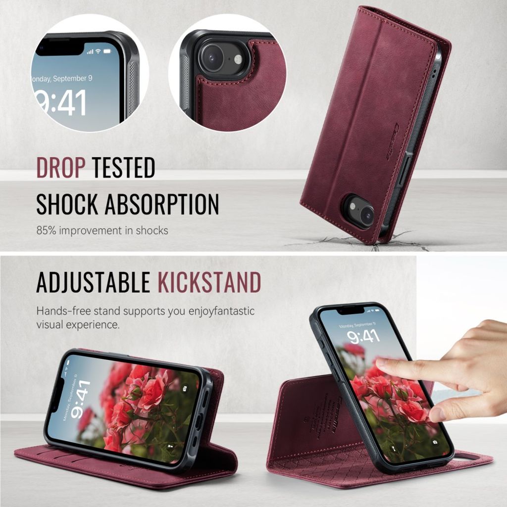 CASEME C49 Lommeboketui med Kortholder for iPhone 16e – Rød