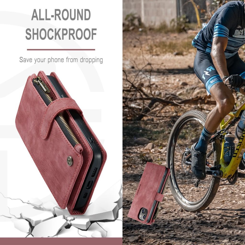 CASEME iPhone 13 Wallet Cover Card Holder Strap PU Leather - Red