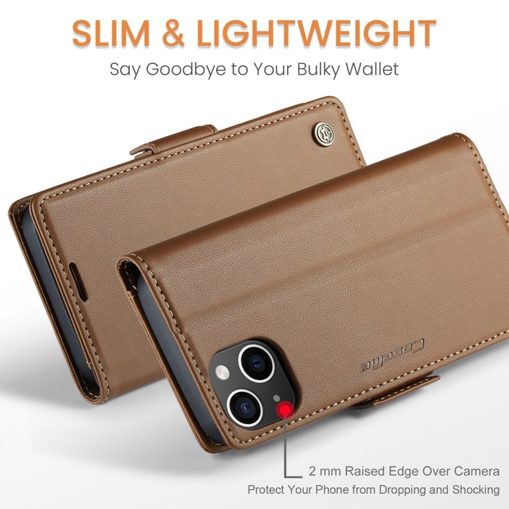 CASEME iPhone 15 Wallet Cover RFID Blocking 3 Card Slots - Brown
