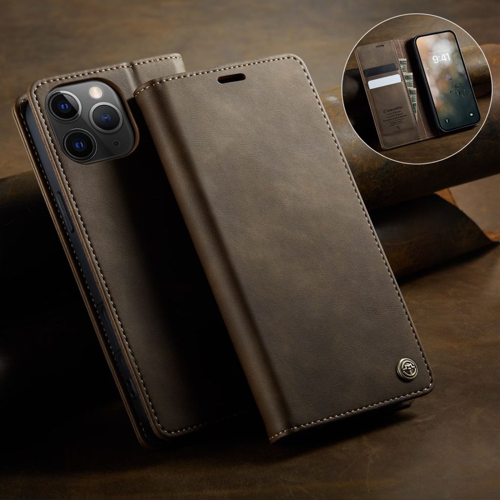 CASEME iPhone 11 Pro Max RFID-estävä lompakkokotelo jalustalla – Kahvi