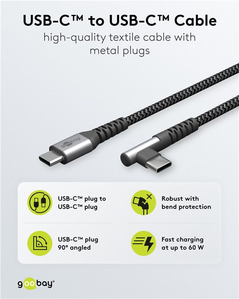 Goobay USB-C till vinklad USB-C kabel 60W, 2m