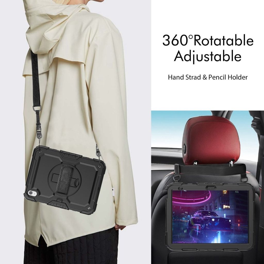 iPad A16 11" 2025 / 10. sukupolven 10.9" 2022 kuori käsi- ja olkahihnalla - musta