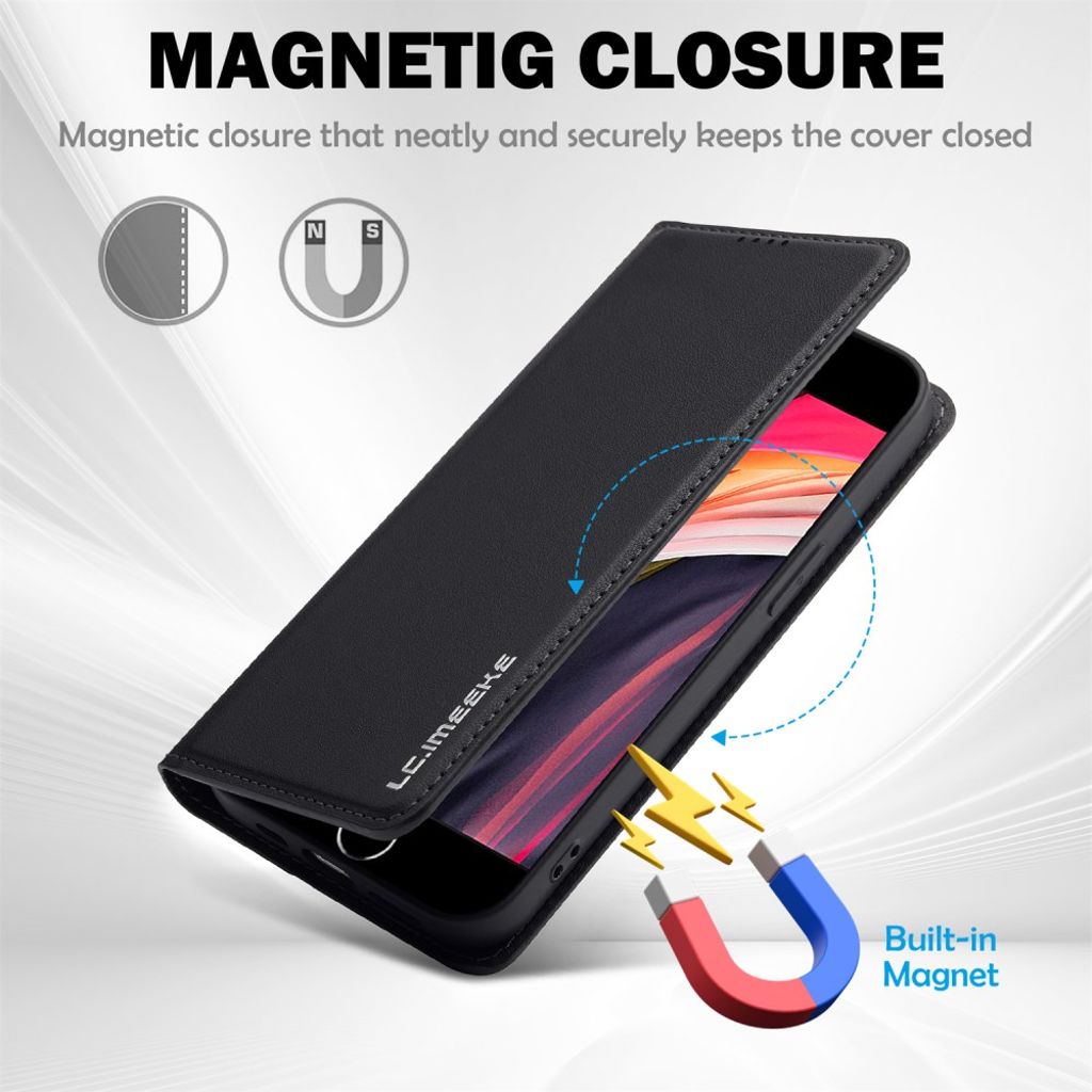 LC.IMEEKE iPhone 16e Plånboksfodral PU-läder Stativ Kortfack – Svart