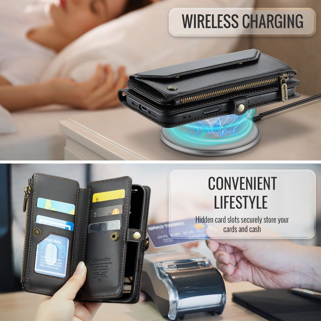 CASEME iPhone 16 Pro Lommeboketui med Glidelås & Stropp – Svart