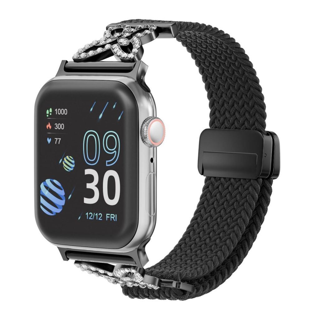Apple Watch 49/46/44/42mm Flätat Klockarmband i Nylon med Strass - Svart