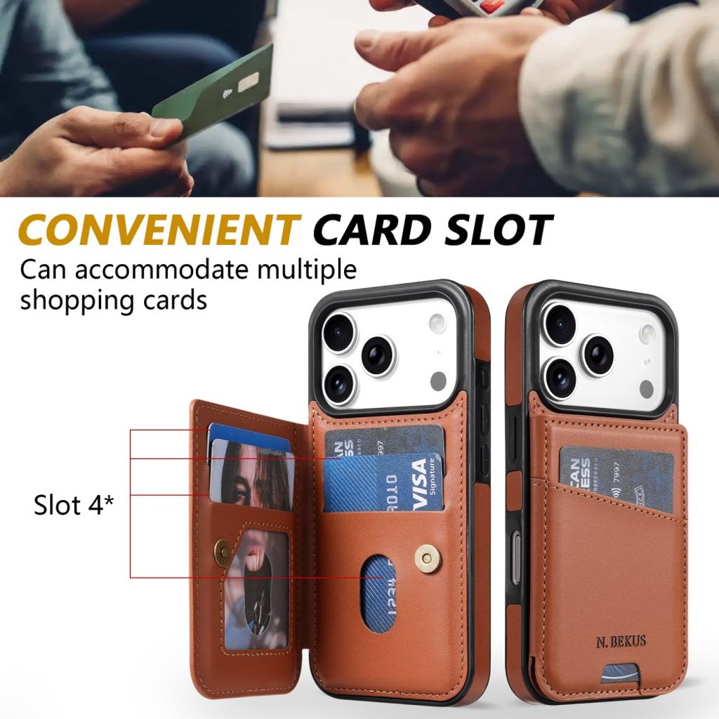 N.BEKUS iPhone 18 Pro Max/17 Pro Max Lompakkokuori RFID-suojauksella - Ruskea