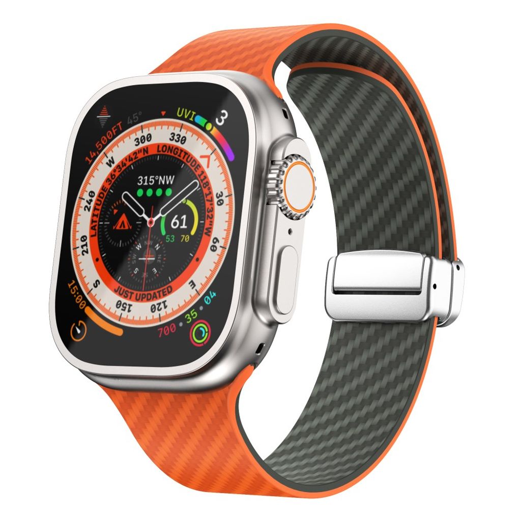 Apple Watch 49 / 46 / 44 / 42mm Klockarmband kolfibertextur - Orange/Grön