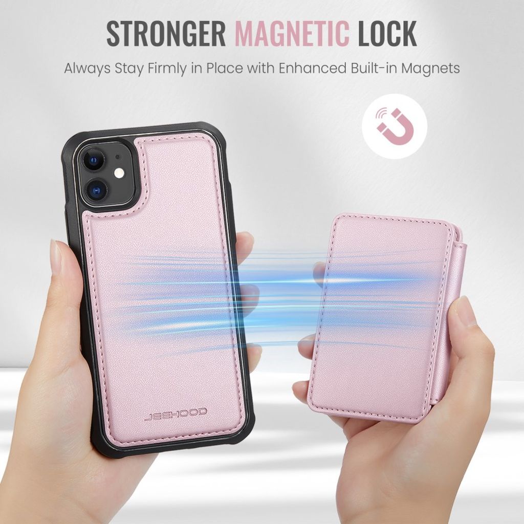 JEEHOOD iPhone 11 Lompakkokuori irrotettavalla kortin haltijalla – Vaaleanpunainen