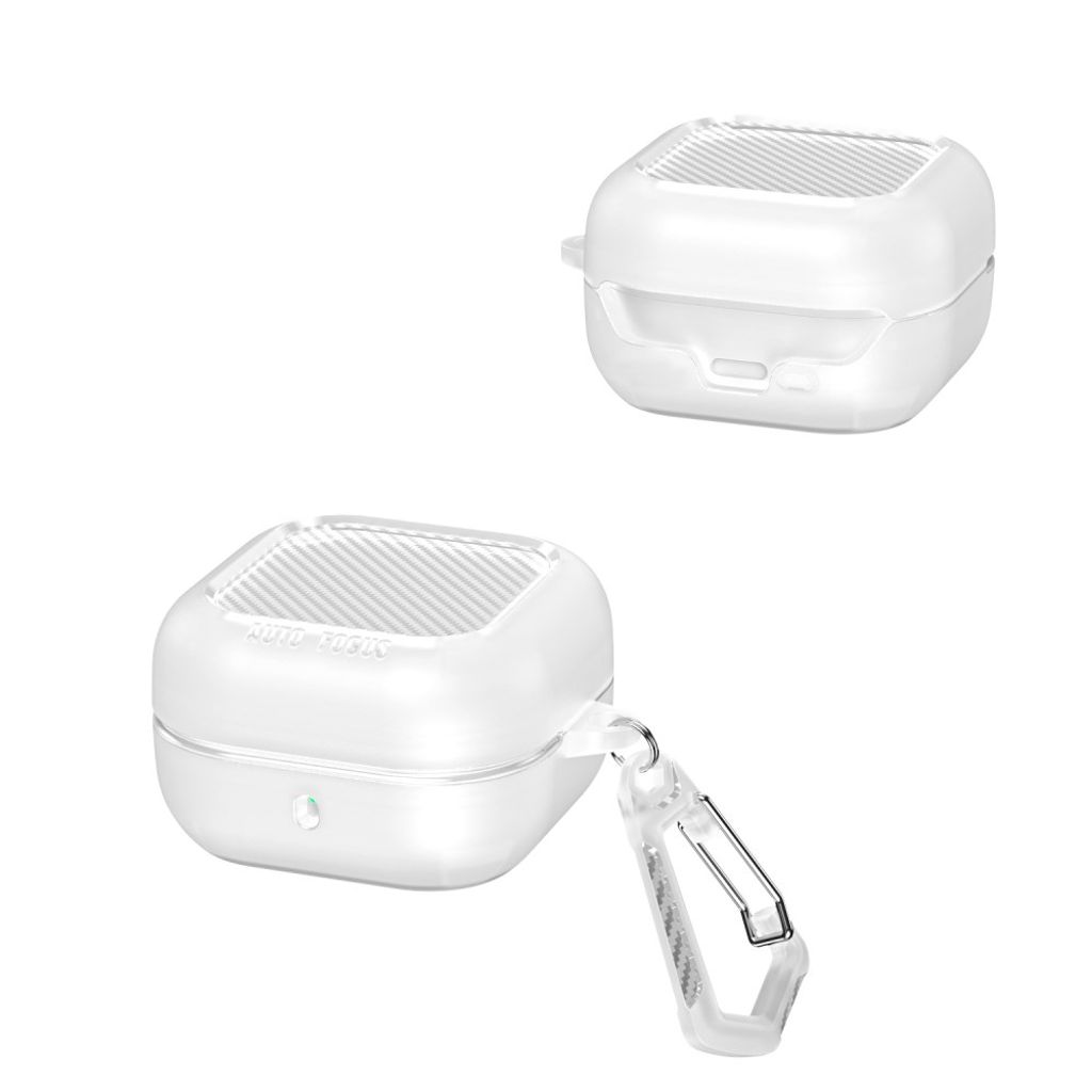 Samsung Galaxy Buds4/Buds4 Pro -kuulokkeiden suojakuori hiilikuitukuviolla ja karabiinihaalla - läpinäkyvä