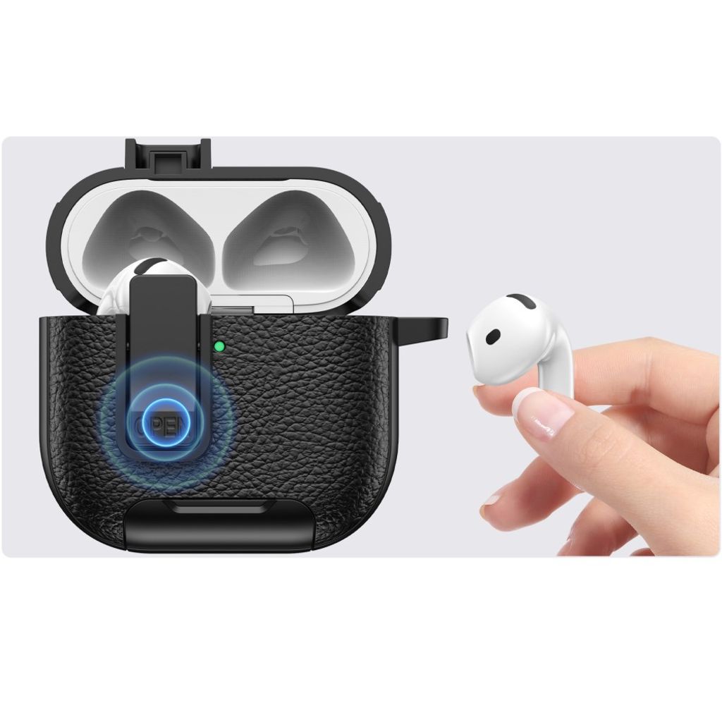 AirPods 4 Deksel Låsbart Stativ PU-lær Karabinkrok - Svart/Mørkblå