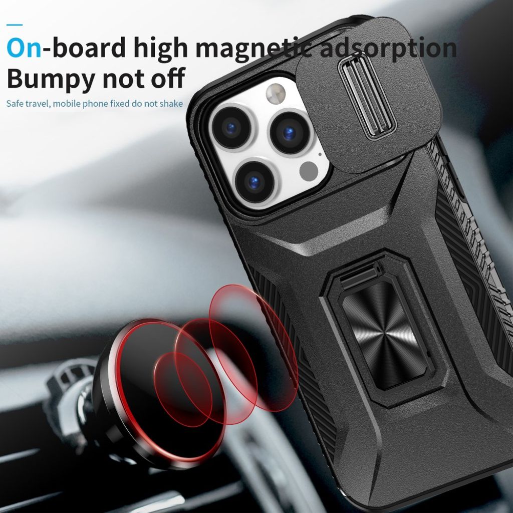 iPhone 14 Pro Skal med Ringstativ och Kameraskydd - Svart