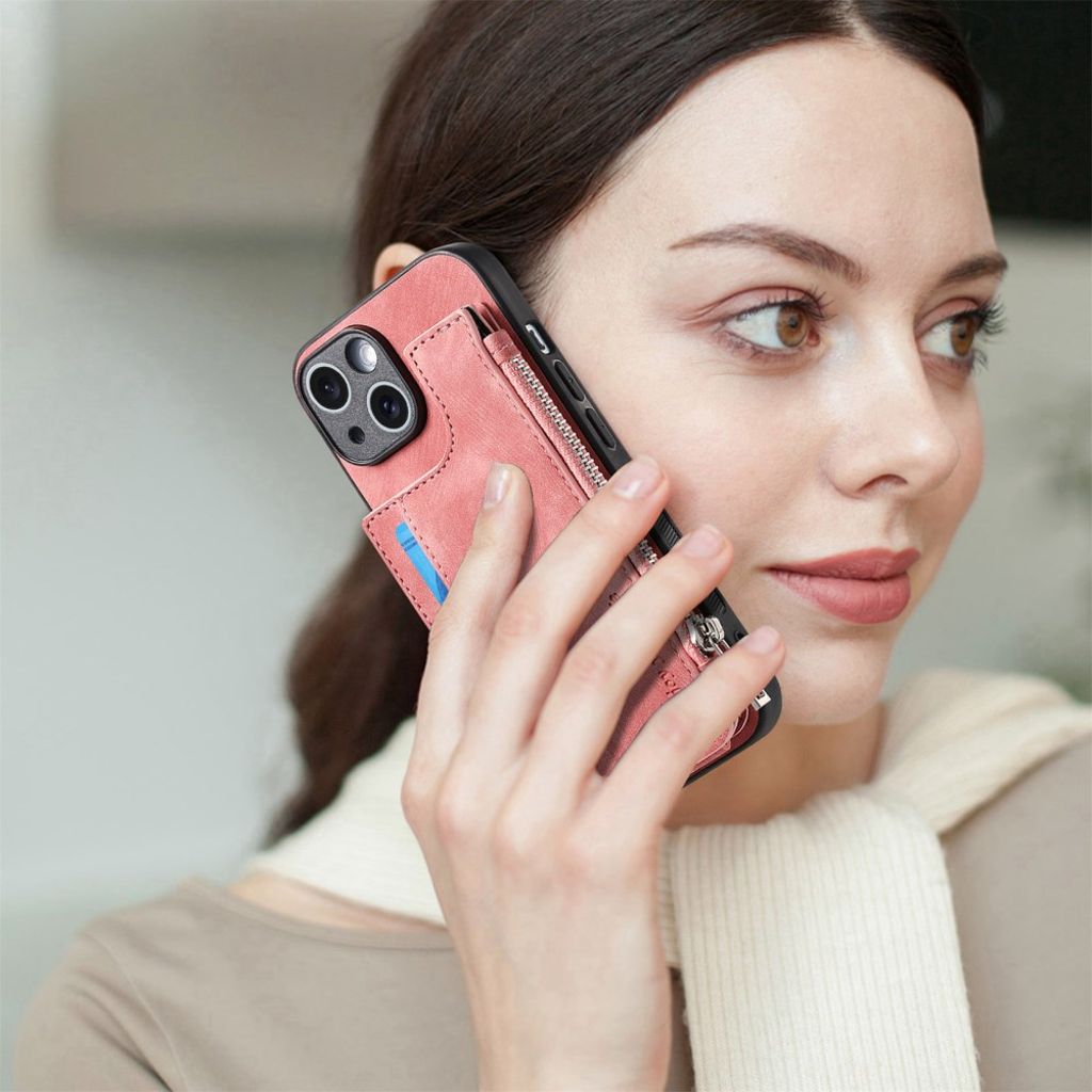 iPhone 14 Pungcover med Kortholder og Stativ - Lyserød