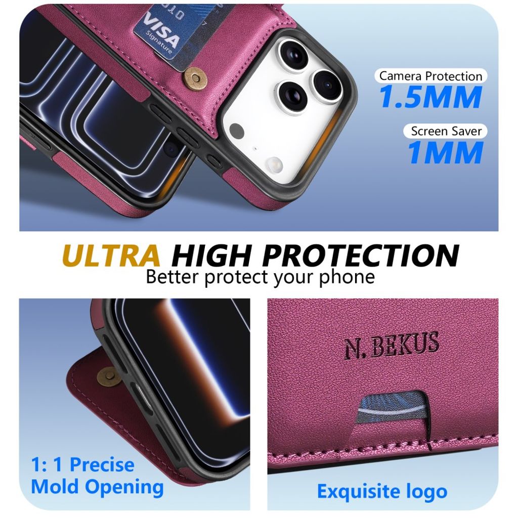 N.BEKUS iPhone 18 Pro/17 Pro Lompakkokuori RFID-suojauksella - Tummanvioletti
