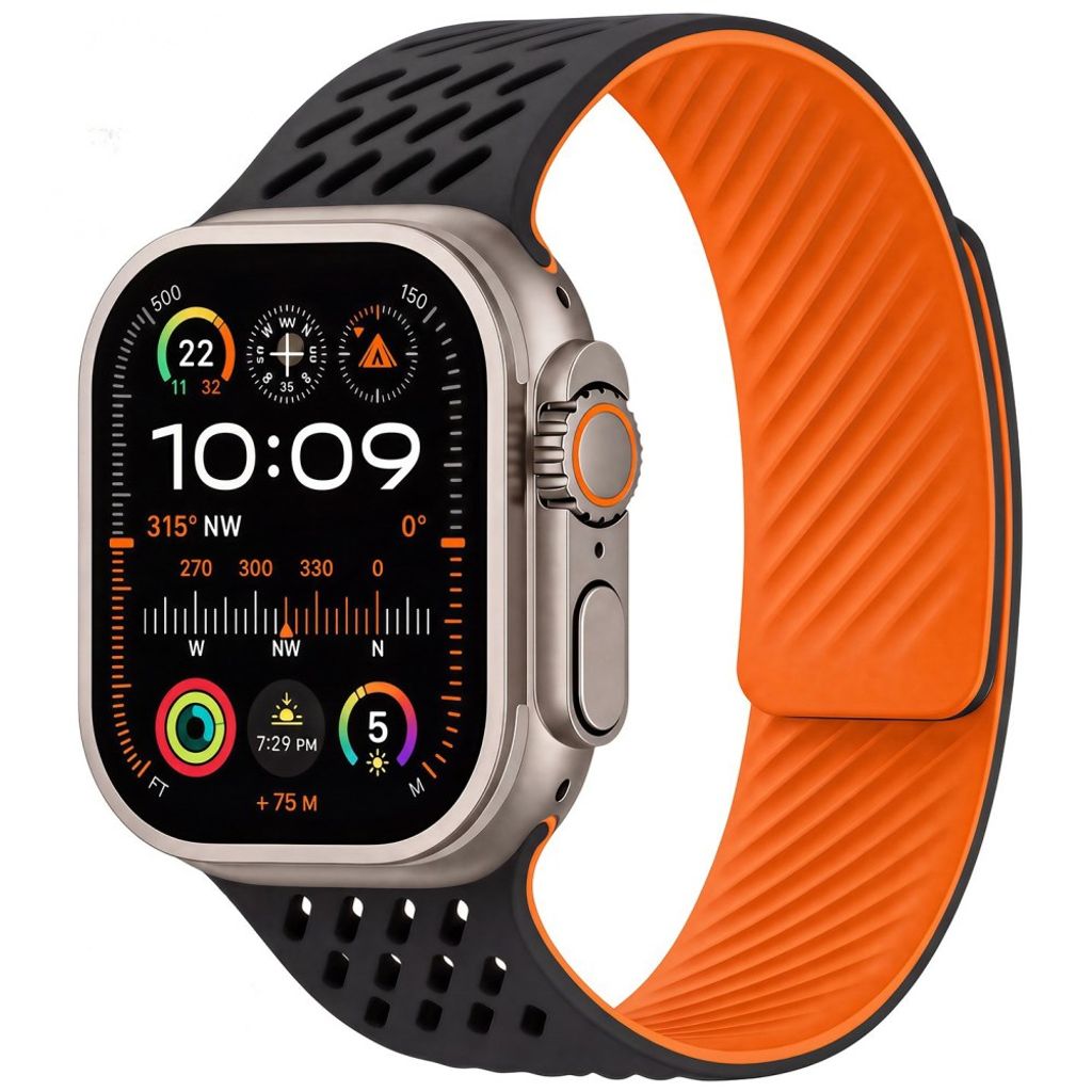 Apple Watch 49 / 46 / 44 / 42mm Silikoninen kellonranneke - Musta/Oranssi