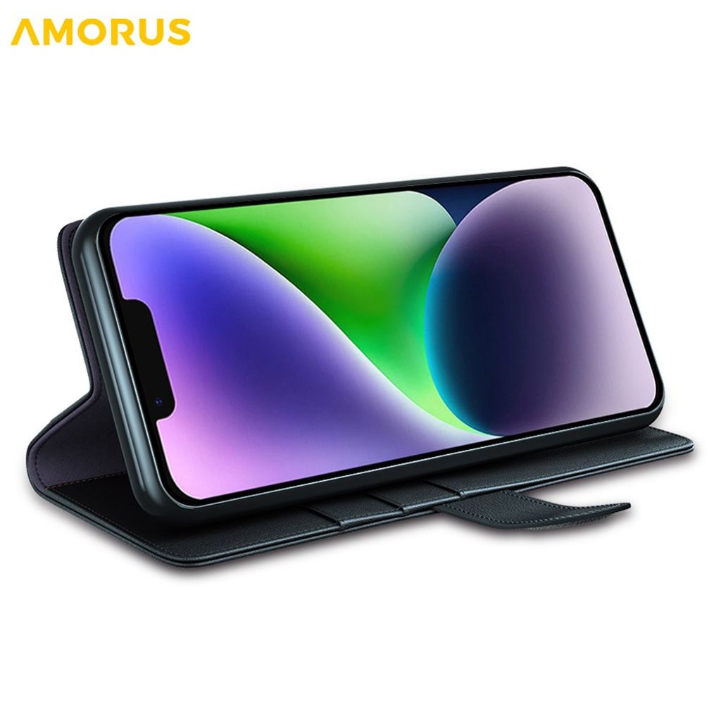 AMORUS iPhone 15 Wallet Cover Stand – Black