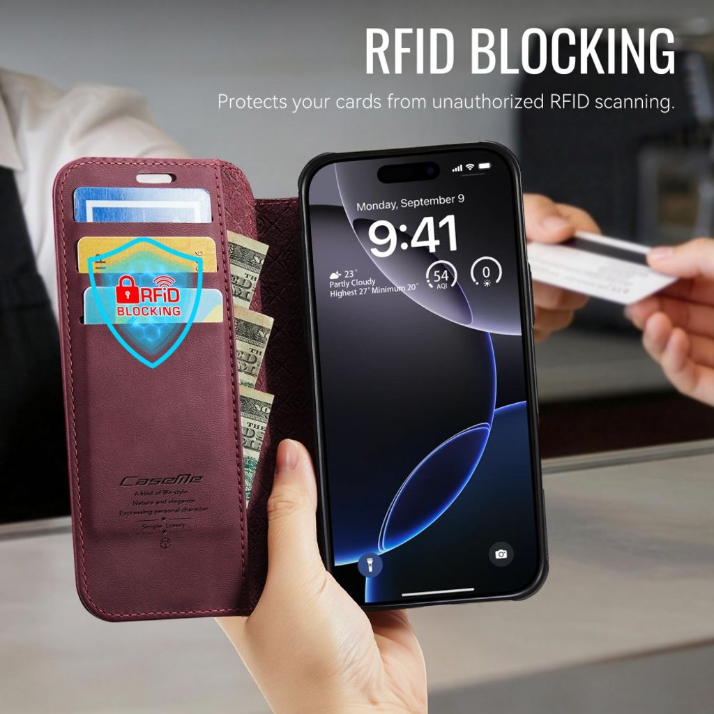 CASEME 053  iPhone 16 Pro Max Lommeboketui MagSafe RFID Blokkerende  - Rød