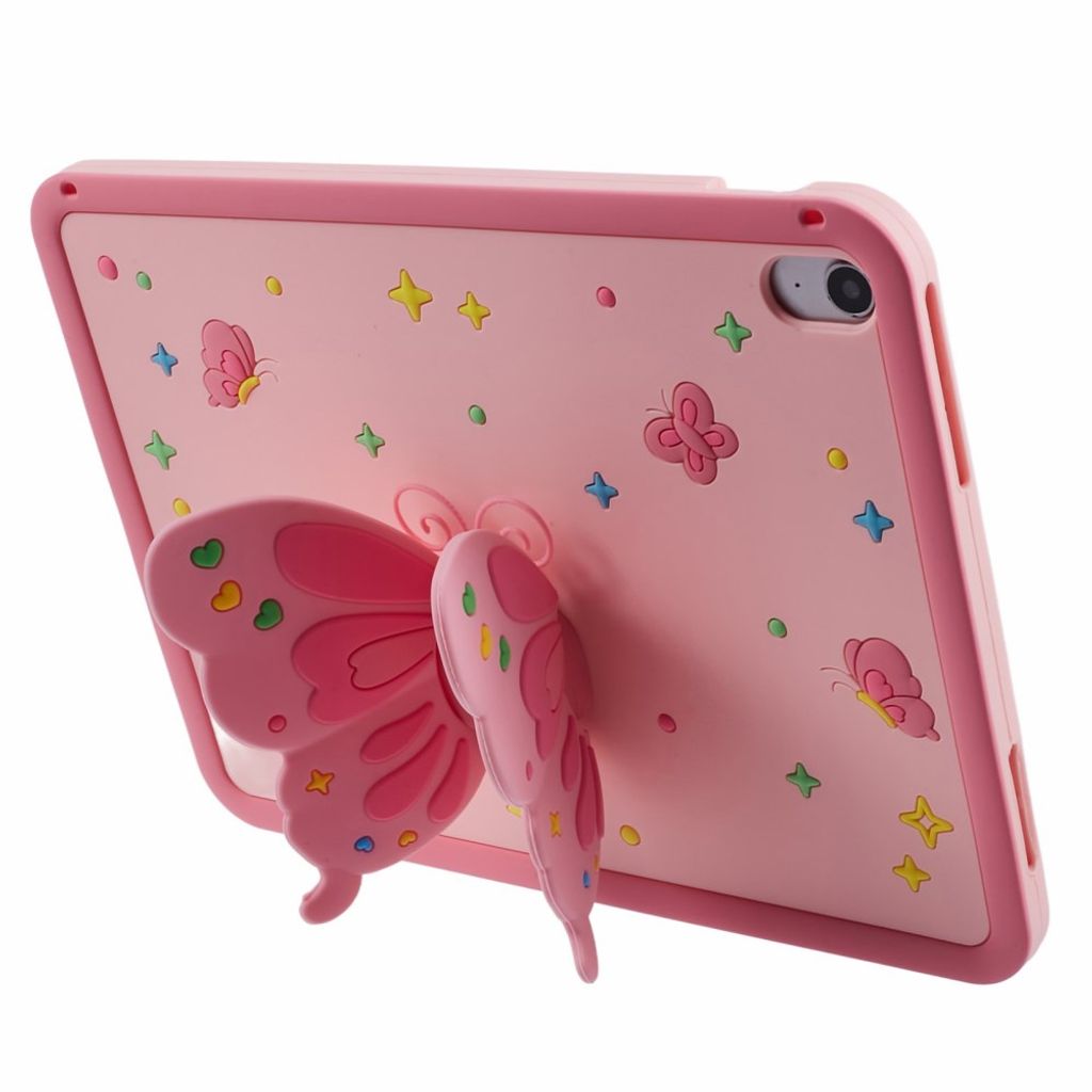 iPad A16 11" 2025/10.9" 2024 Silikonecover med sommerfuglestand - Lyserød