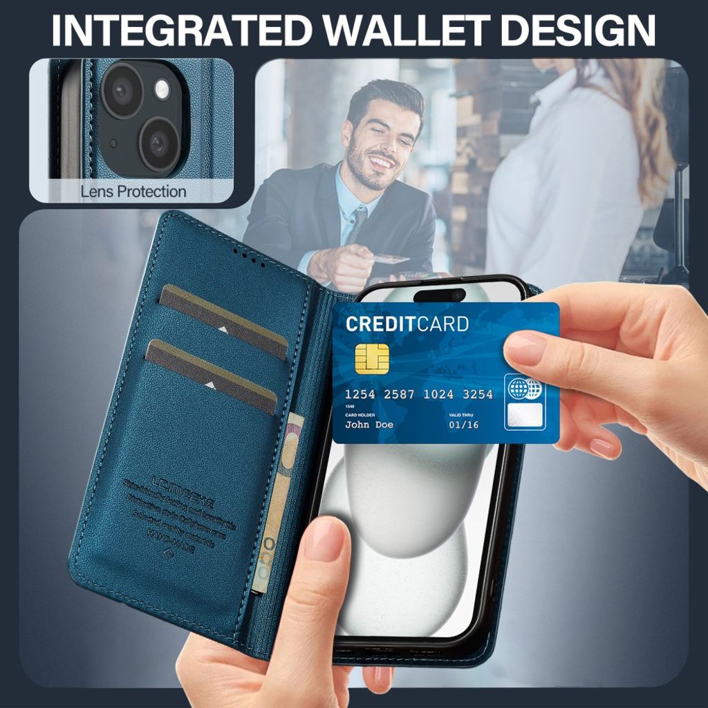 LC.IMEEKE iPhone 15 Wallet Cover Stand PU Leather - Blue