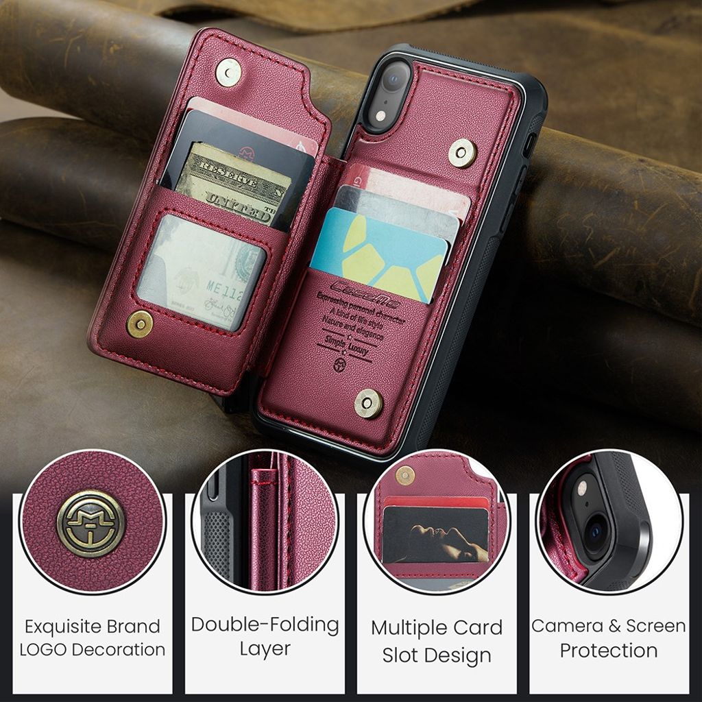 CASEME C22 Plånboksskal med RFID-blockerande för iPhone XR – Röd