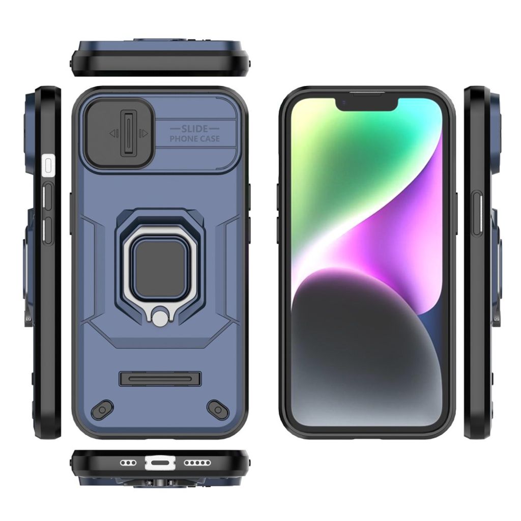 iPhone 14 Kuori kameran linssisuojalla ja jalustalla – Sininen