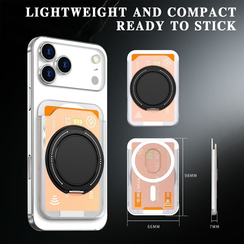 Magnetisk kortholder for mobiltelefon med ringstativ - gjennomsiktig