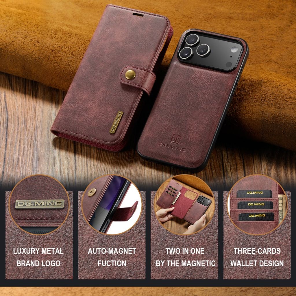 DG.MING iPhone 18 Pro Max/17 Pro Max Etui med Avtakbar Lommebok - Rød
