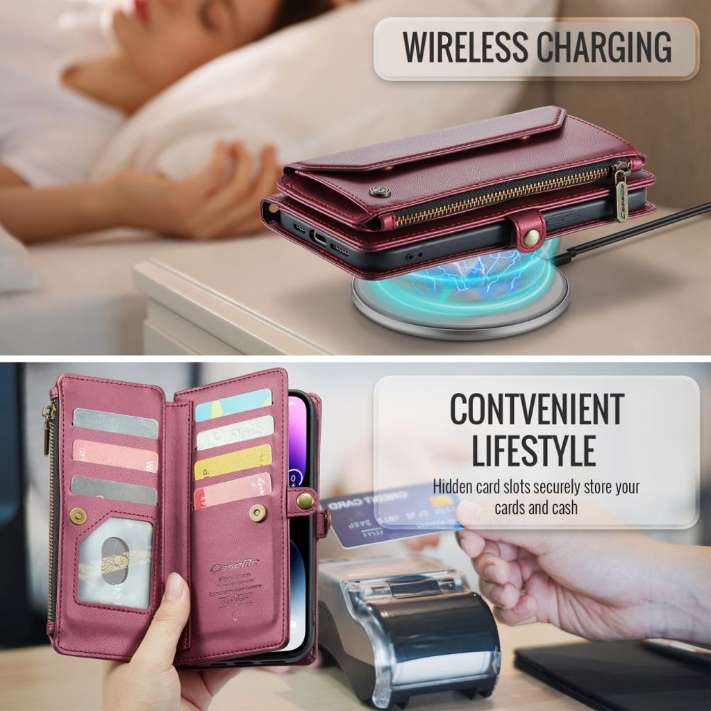 CASEME iPhone 14 Pro Max Plånboksskal Stand RFID-blockerande – Vinröd