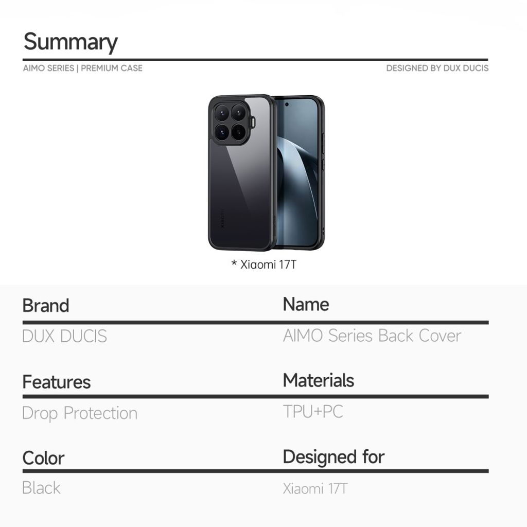 DUX DUCIS Xiaomi 17T Cover med klar bagside - Sort