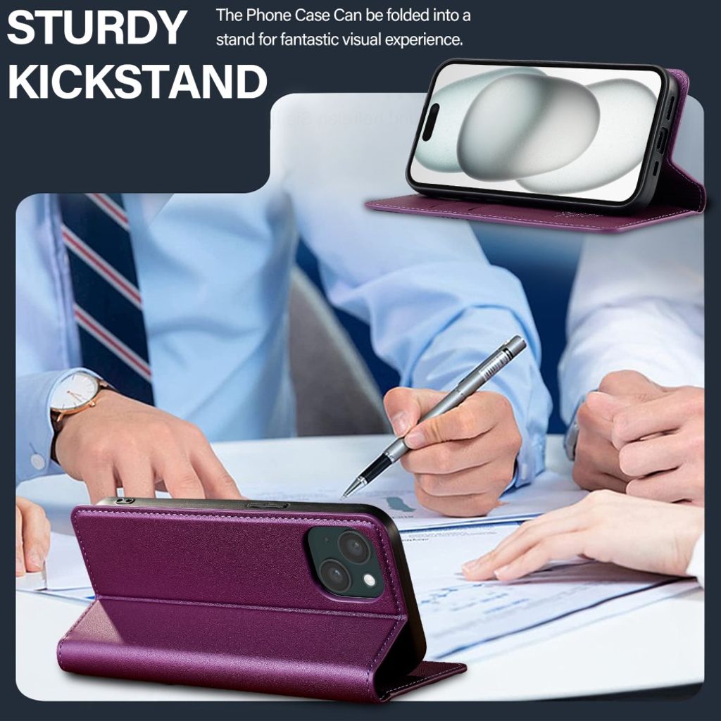 LC.IMEEKE iPhone 15 Wallet Cover Stand PU Leather – Purple