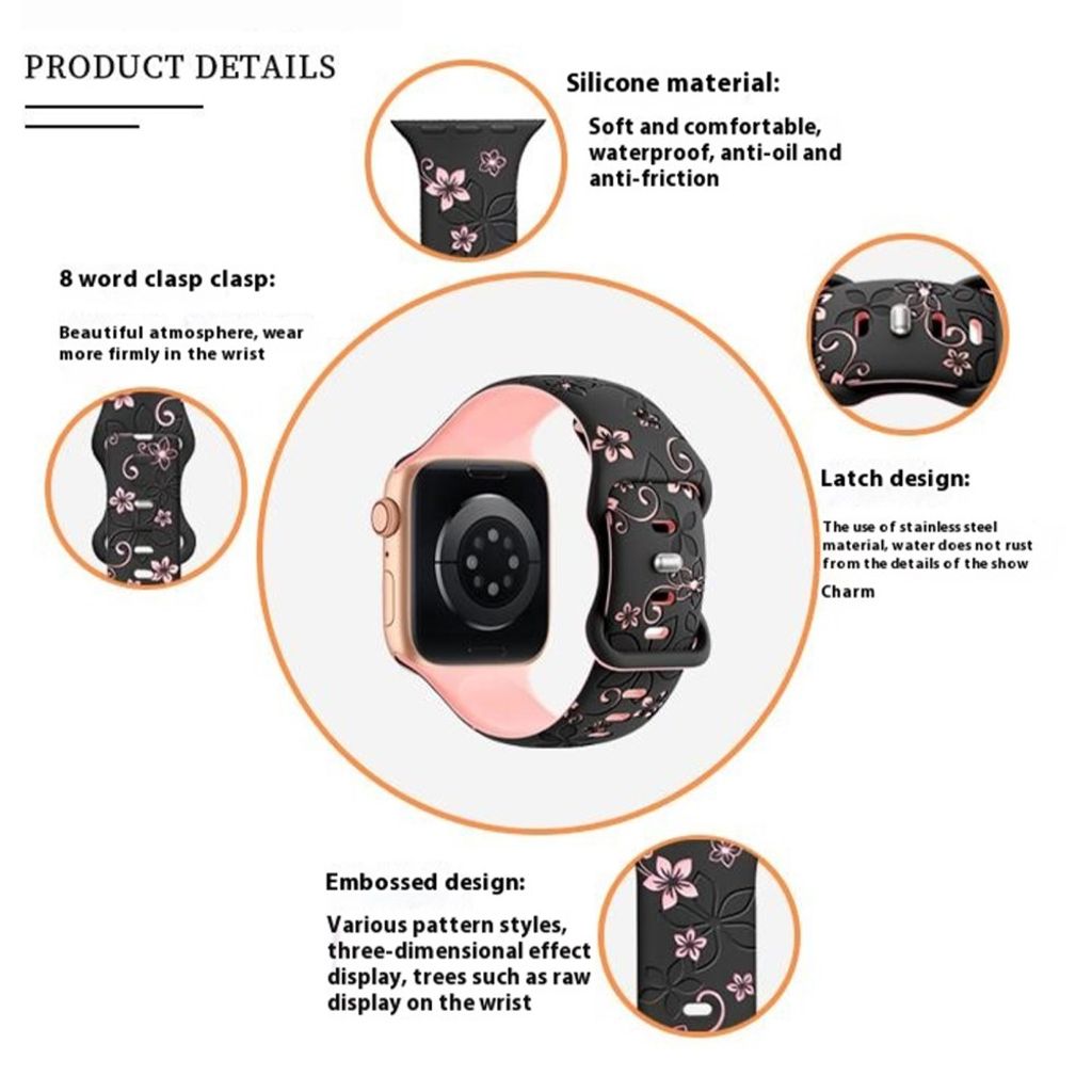 Apple Watch 38/40/41/42mm Urrem i silikone med blomstermønster - Sort/Pink