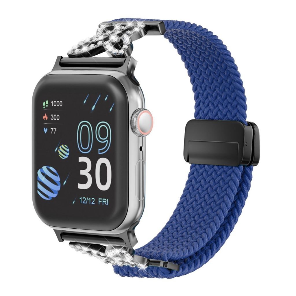 Apple Watch 49/46/44/42mm Flätat Klockarmband i Nylon med Strass - Blå