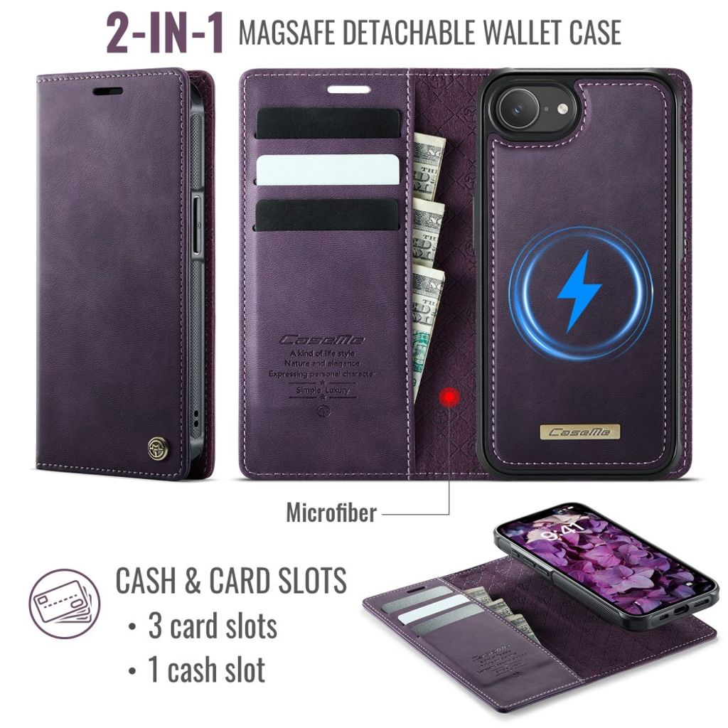 CASEME C49 Cover for iPhone 16e with Wallet, RFID Blocking & MagSafe – Purple