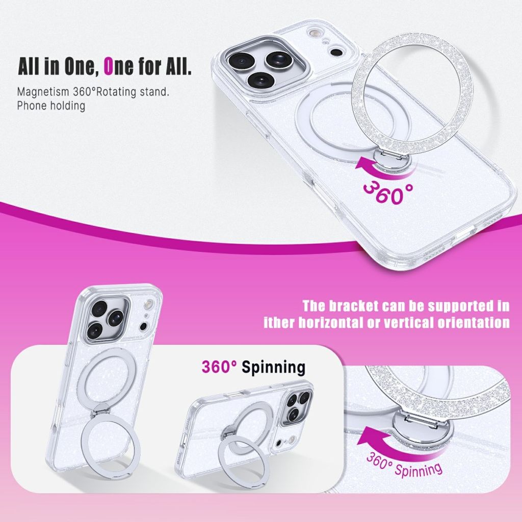 iPhone 18 Pro Max/17 Pro Max MagSafe Skal Glitter med Stativ - Silver