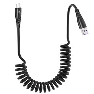 SiGN 15W spiralformet USB-A til USB-C hurtigopladerkabel til bil – sort