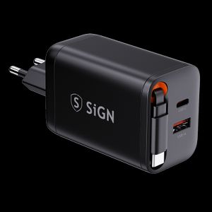 SiGN GaN Snabbladdare USB-C/USB-A 65W med utdragbar USB-C kabel  - Svart