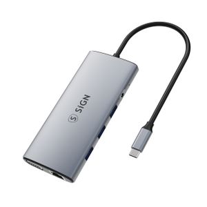 SiGN 11-i-1-hub USB-C til HDMI/VGA/RJ45/USB-C/USB-A/SD/TF/3,5 mm - Sølv