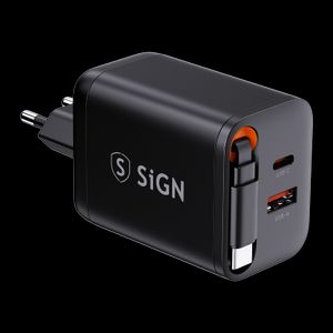 SiGN GaN Snabbladdare USB-C/USB-A 40W med utdragbar USB-C kabel  - Svart