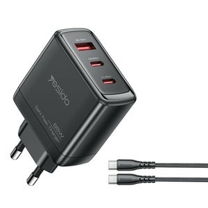 YESIDO YC144C 65W GaN hurtigoplader 2xUSB-C/1xUSB-A med USB-C kabel 1,2m – Sort
