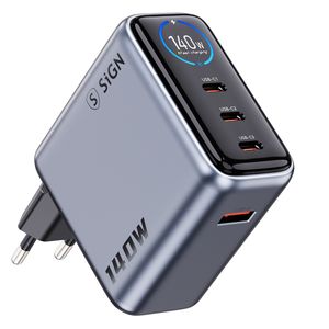 SiGN 140W Snabbladdare med Smart Display – 3x USB-C / 1x USB-A - Grå