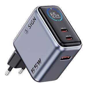 SiGN 65W Snabbladdare med Display – 2x USB-C / 1x USB-A - Grå