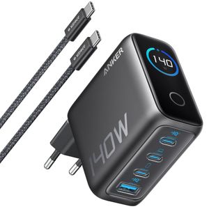 Anker Zolo 140W vegglader – 3 x USB-C + 1 x USB-A med USB-C-kabel – svart