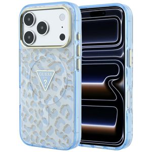 Guess Leopard Glitter Triangle Logo MagSafe -kuori  iPhone 17 Pro Max/18 Pro Max:lle - Sininen