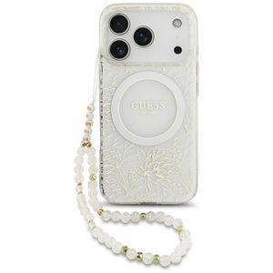Guess IML Flower MagSafe -kuori helmirannekkeella  iPhone 18 Pro/17 Pro:lle - Valkoinen