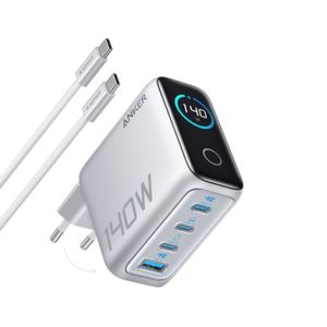 Anker Zolo 140W vegglader – 3x USB-C + 1x USB-A med USB-C-kabel – Sølv