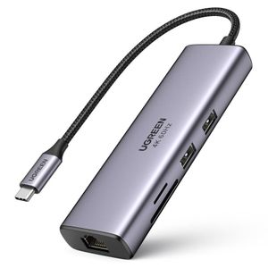UGREEN CM512 USB-C-keskitin, jossa USB-C / HDMI / SD / microSD / RJ45 / 2x USB-A - Harmaa